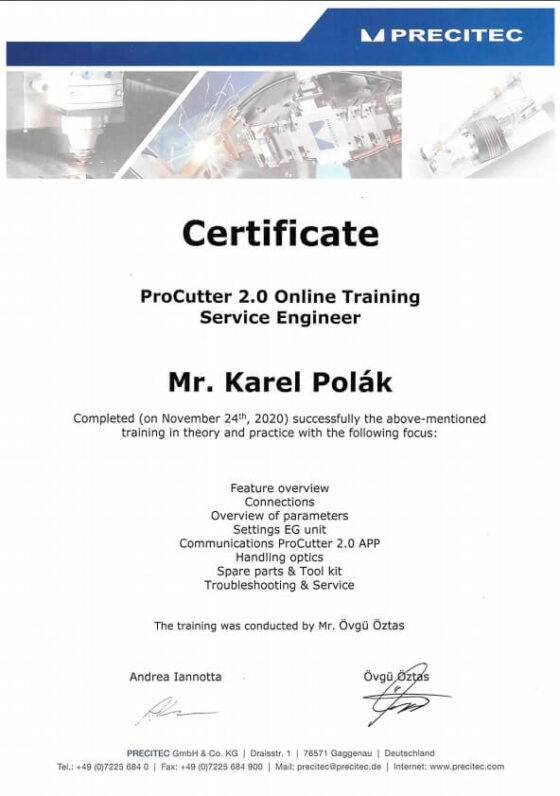 Karel Polák - Certifikace PRECITEC Procutter 2.0.