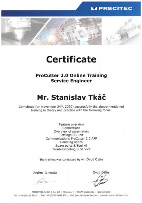 Stanislav Tkac - Certifikace PRECITEC Procutter 2.0 service engineer